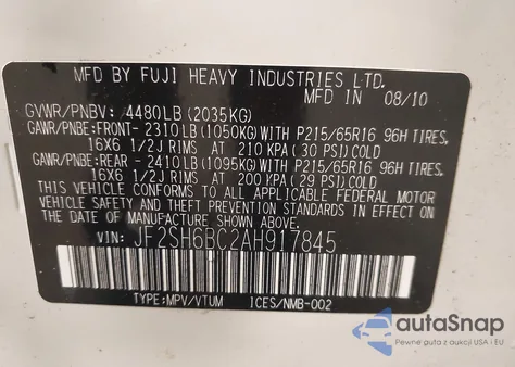 2010 Subaru Forester 2.5X из США, поврежденный, VIN JF2SH6BC2AH917845